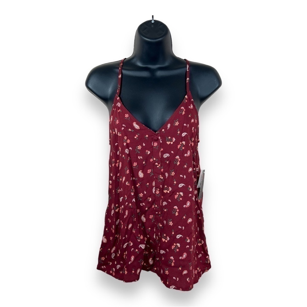 NEW SMALL JUNIORS BURGUNDY FLORAL BOHO TANK BOHEMIAN V NECK